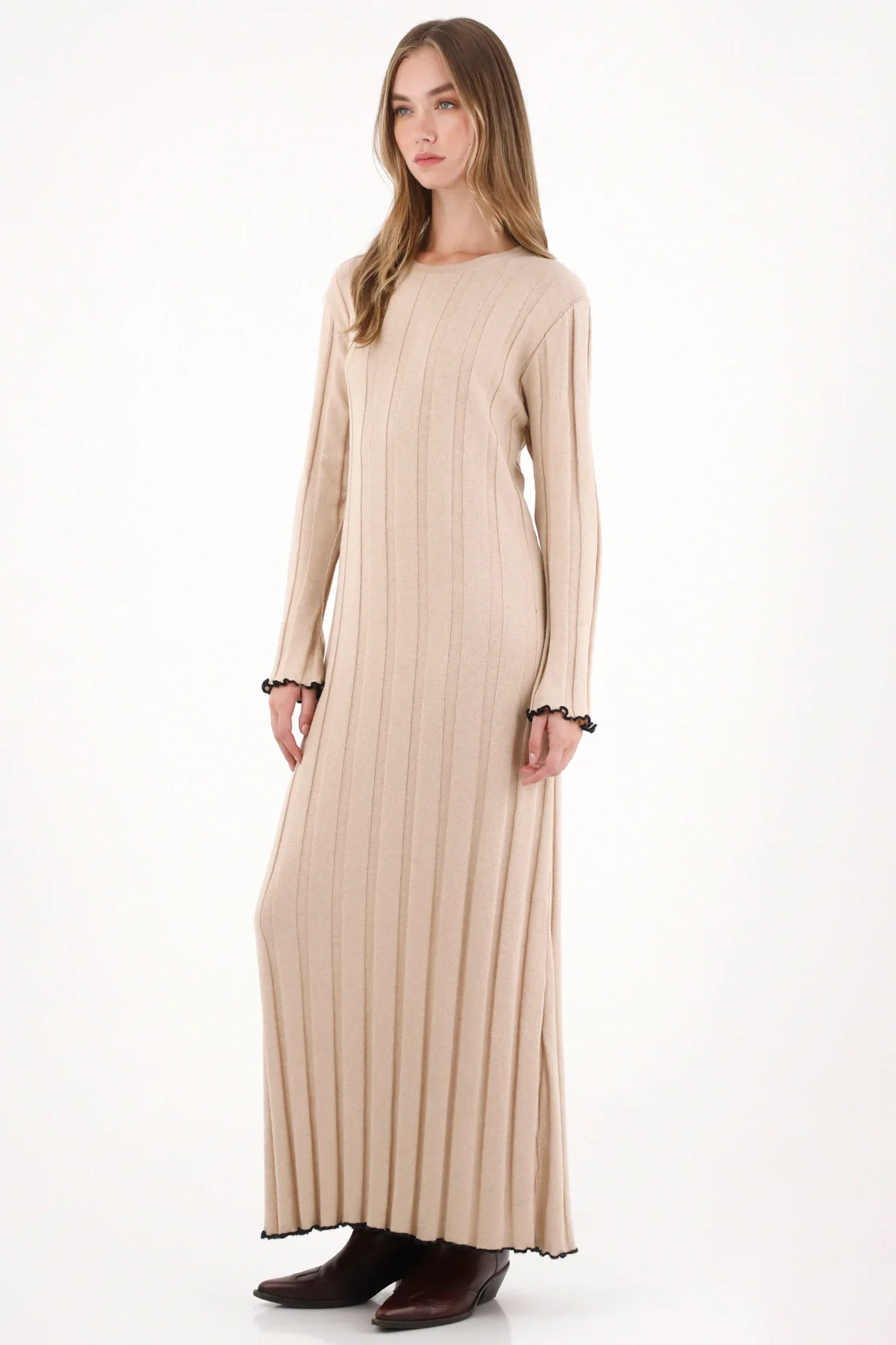 Long Dress with Textured Stripes Off-White for Women