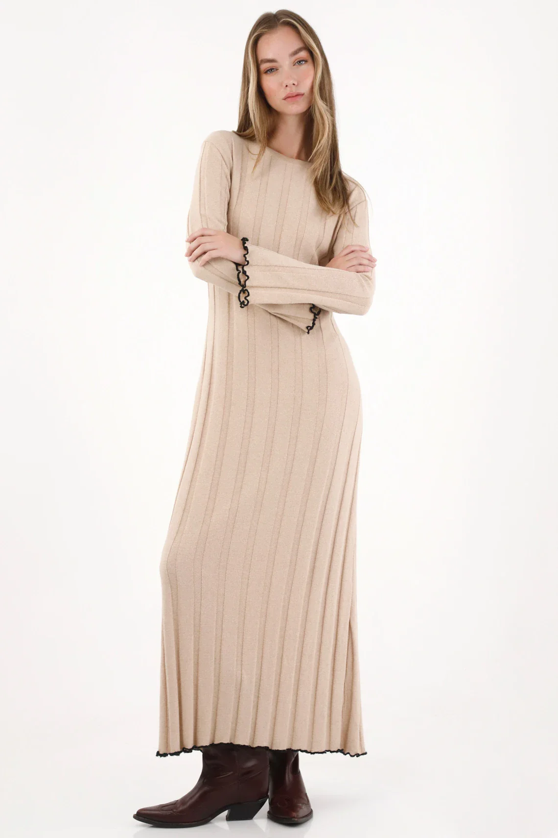 Long Dress with Textured Stripes Off-White for Women - Image 3