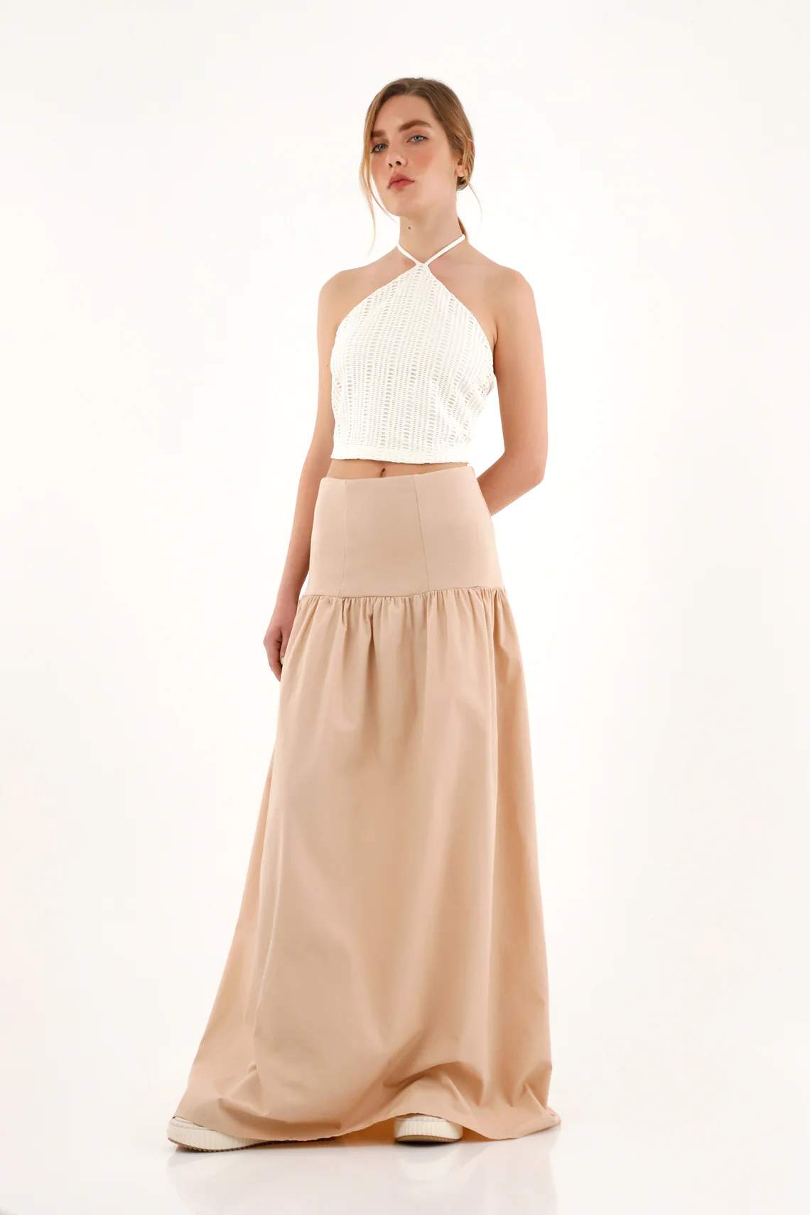 Women's long brown skirt with ribbed waistband