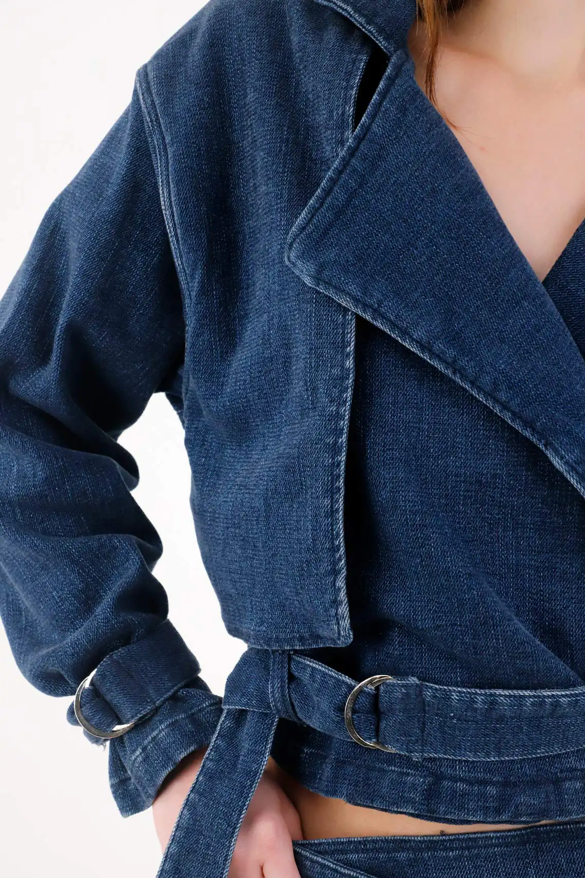 Indigo Cotton Women's Double-Breasted Jacket with Wide Lapel - Image 3