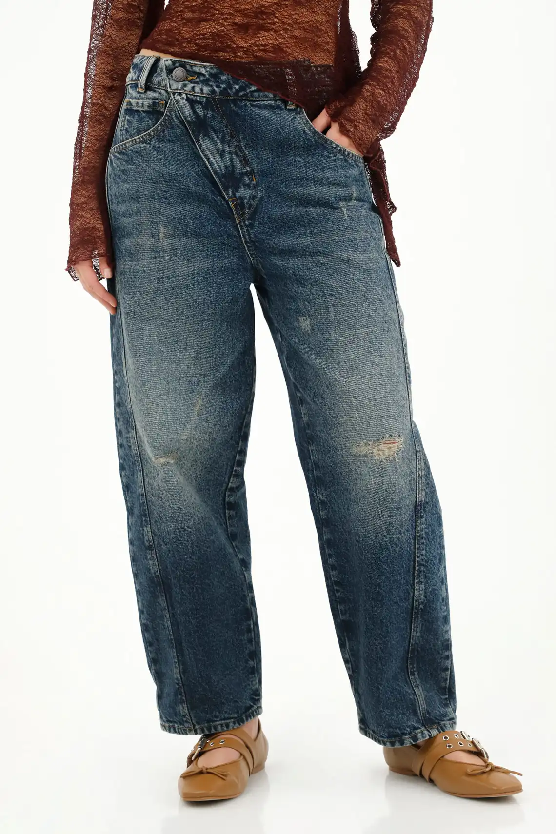 Low Rise Horseshoe Jeans with Rips in Blue for Women