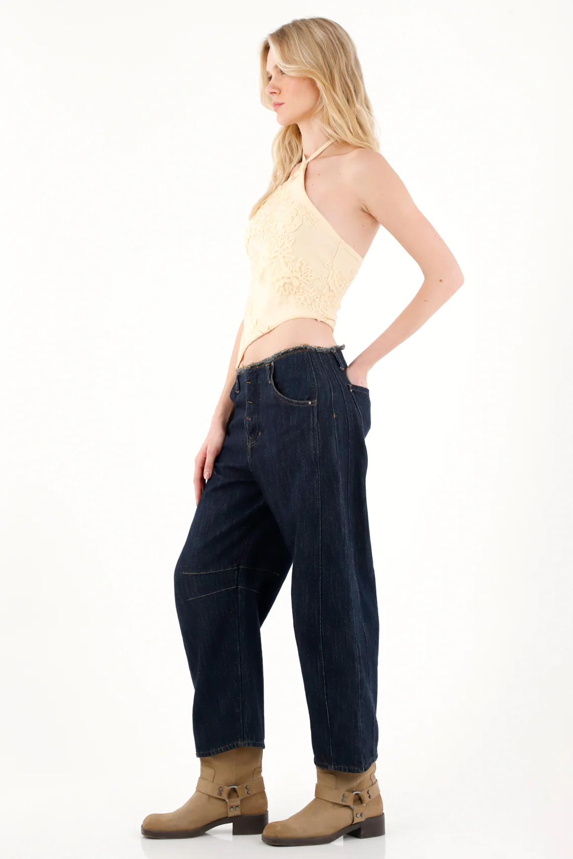 Women's Jean in Dark Blue Denim, Loose Fit with Frayed Waist - Image 2