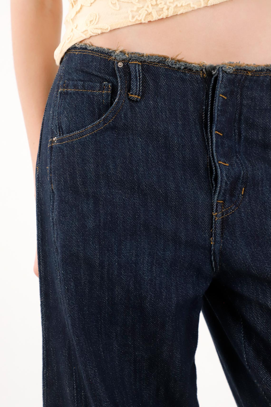 Women's Jean in Dark Blue Denim, Loose Fit with Frayed Waist - Image 3