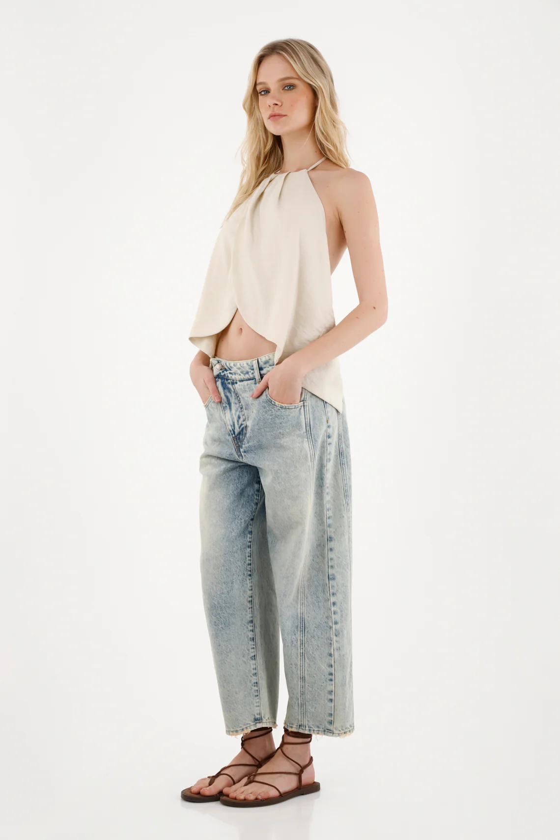 Women's Blue Low Rise Horseshoe Jeans with Asymmetrical Detail