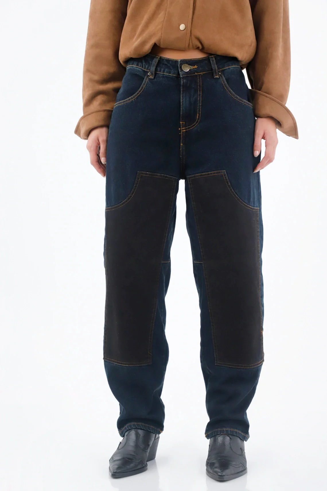 Cotton Dark Blue Women's Jeans with Horseshoe Fit and Contrasting Patches - Image 4