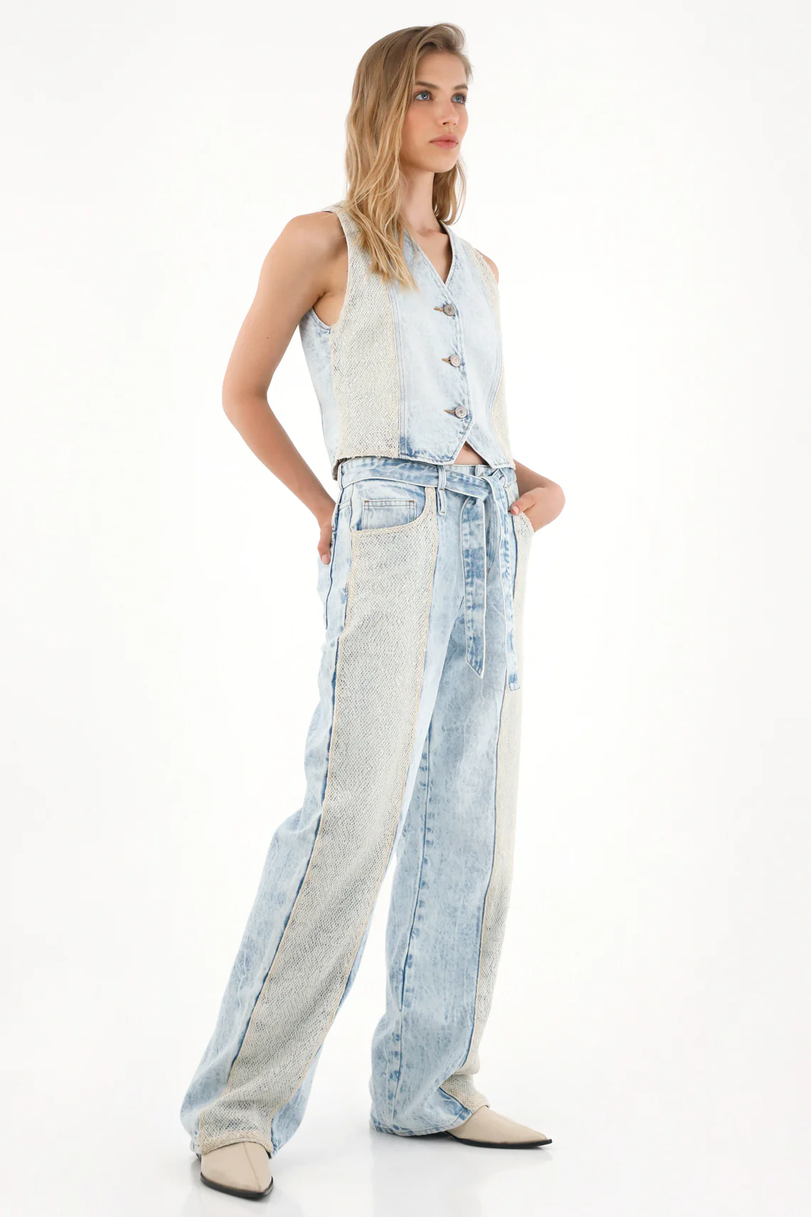 Women's Wide Leg Jeans with Mesh Detail and Shine - Image 2
