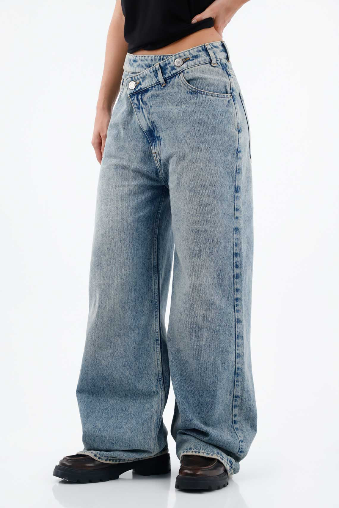 Light Blue Cotton Denim Jeans for Women with Wide Leg and Long Hem
