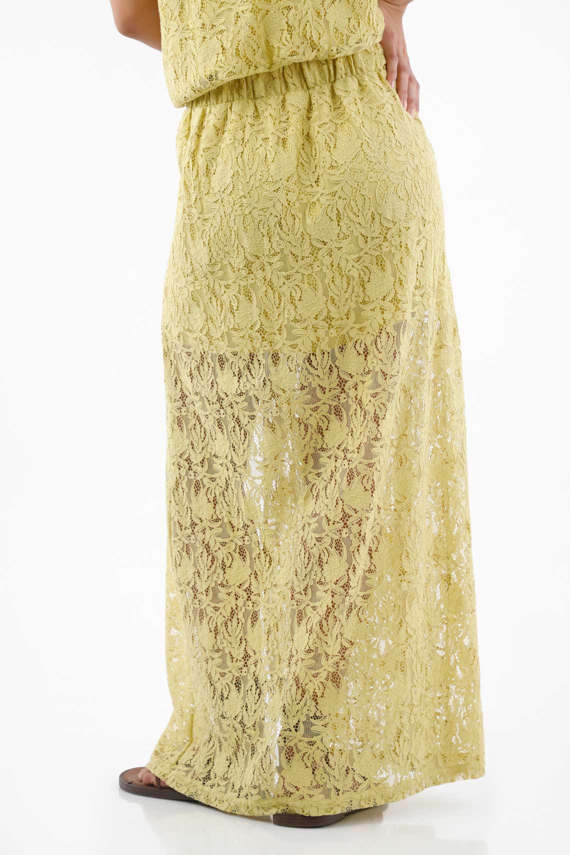 Long skirt for women in pastel yellow cotton fluid fit with floral lace - Image 6