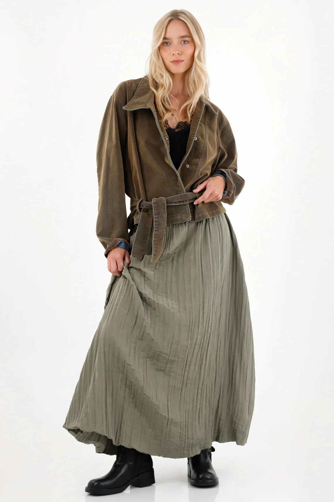 Long Skirt for Women Olive Green Wrinkled Effect Lightweight