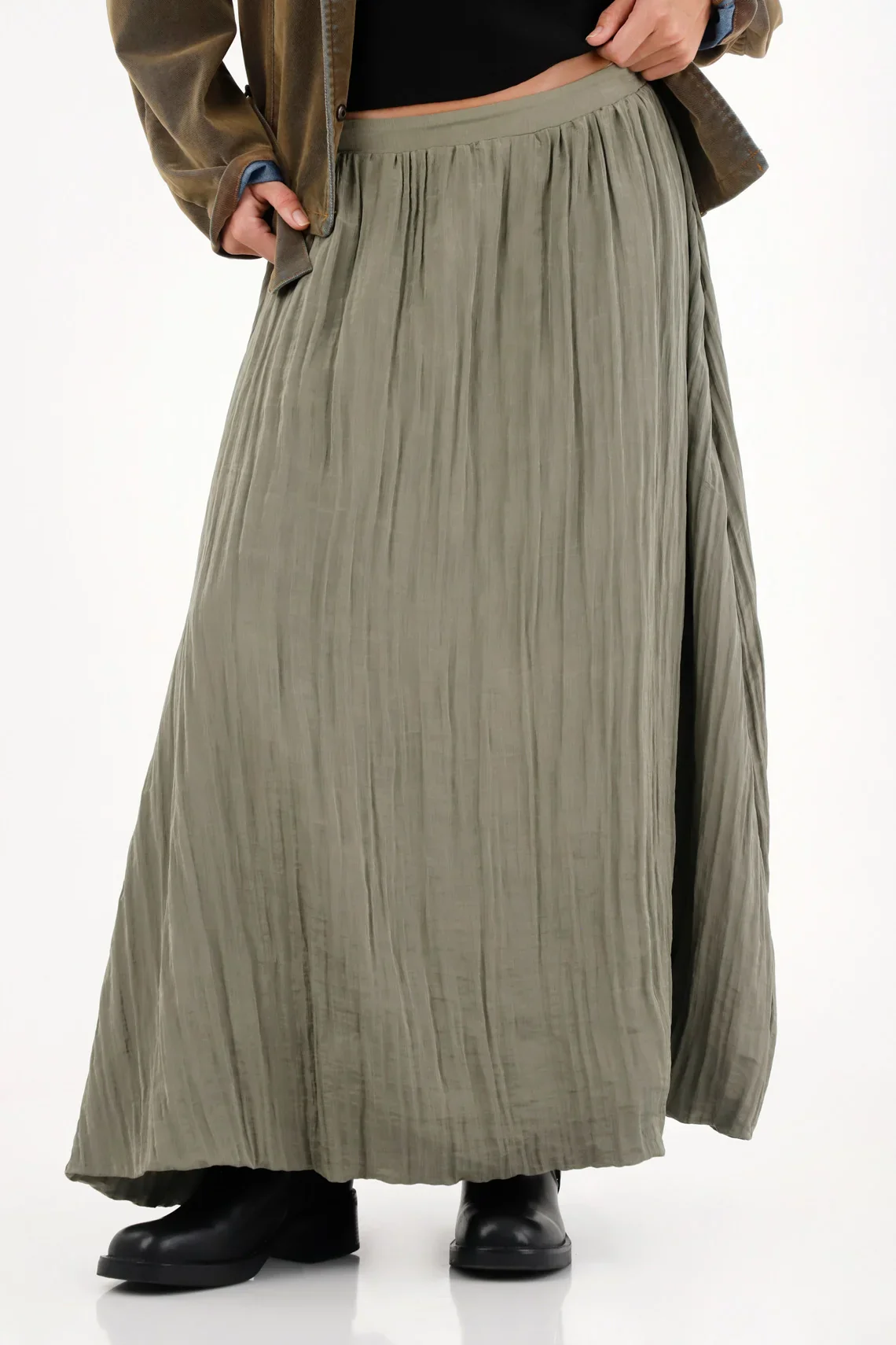 Long Skirt for Women Olive Green Wrinkled Effect Lightweight - Image 2