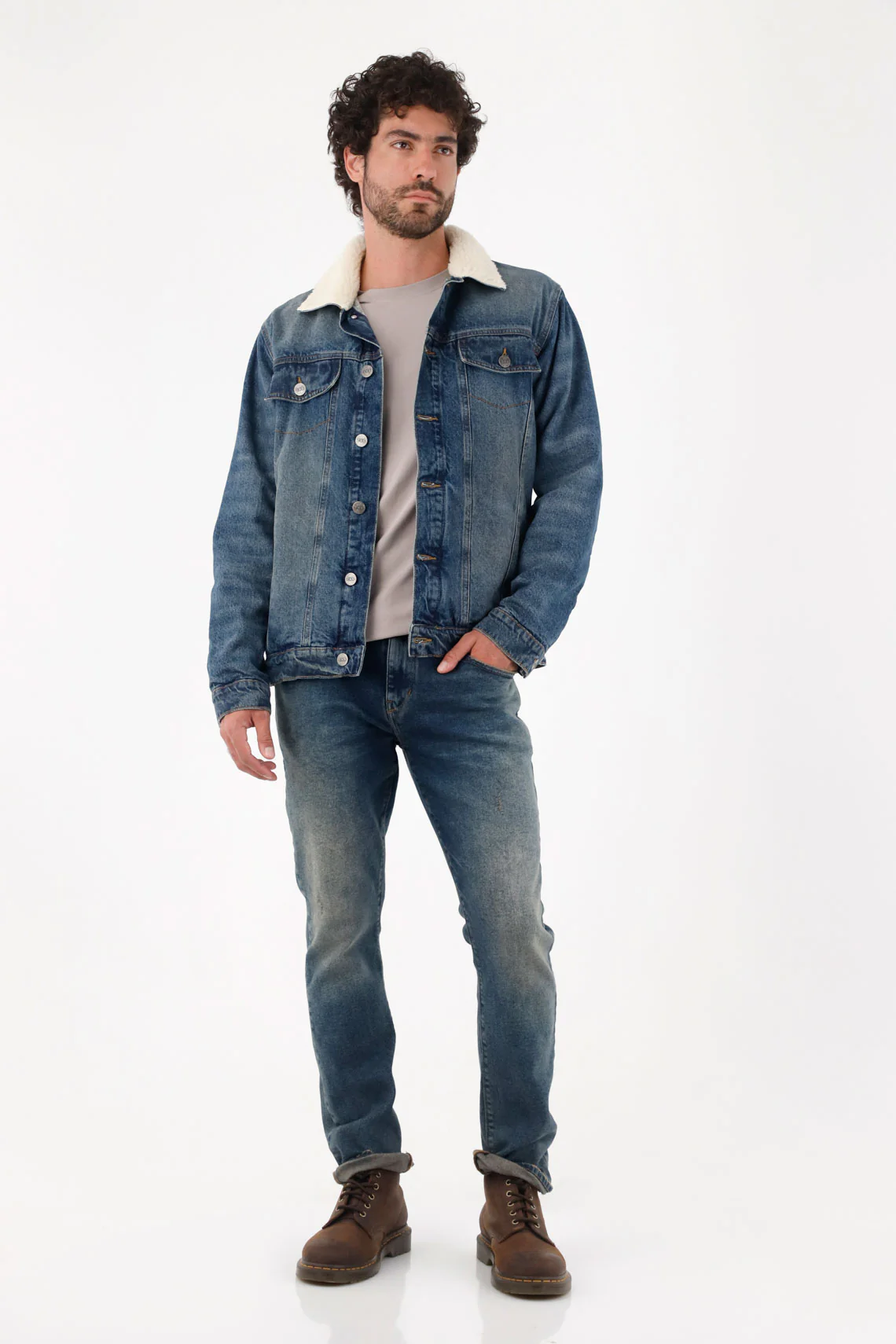 Men's Straight Fit Blue Cotton Coat with Sherpa - Image 2