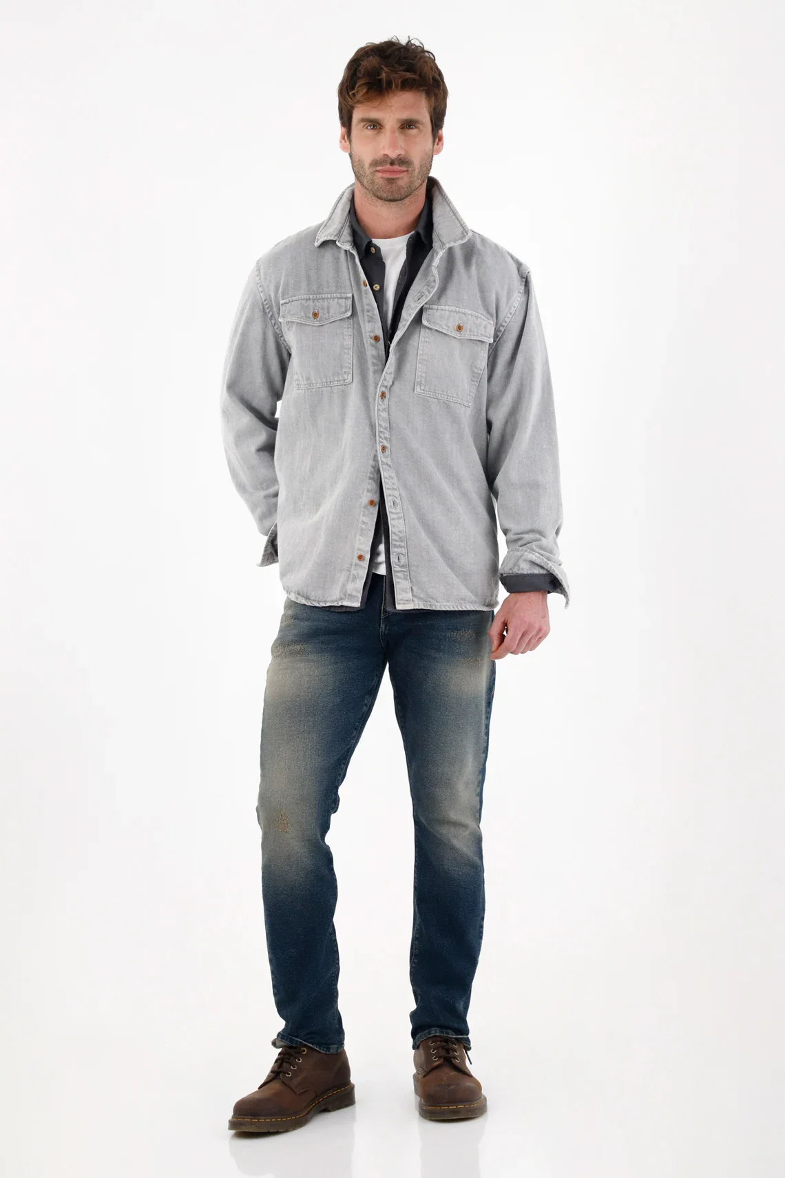 Men's Relaxed Fit Long Sleeve Gray Cotton Shirt with Pockets