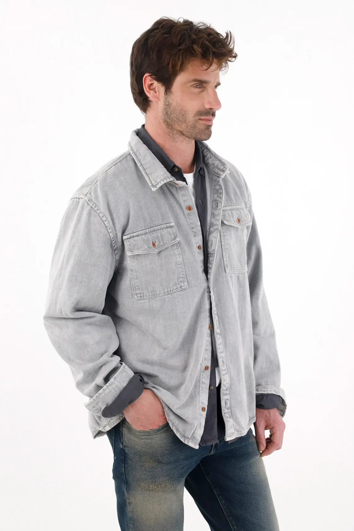 Men's Relaxed Fit Long Sleeve Gray Cotton Shirt with Pockets - Image 2