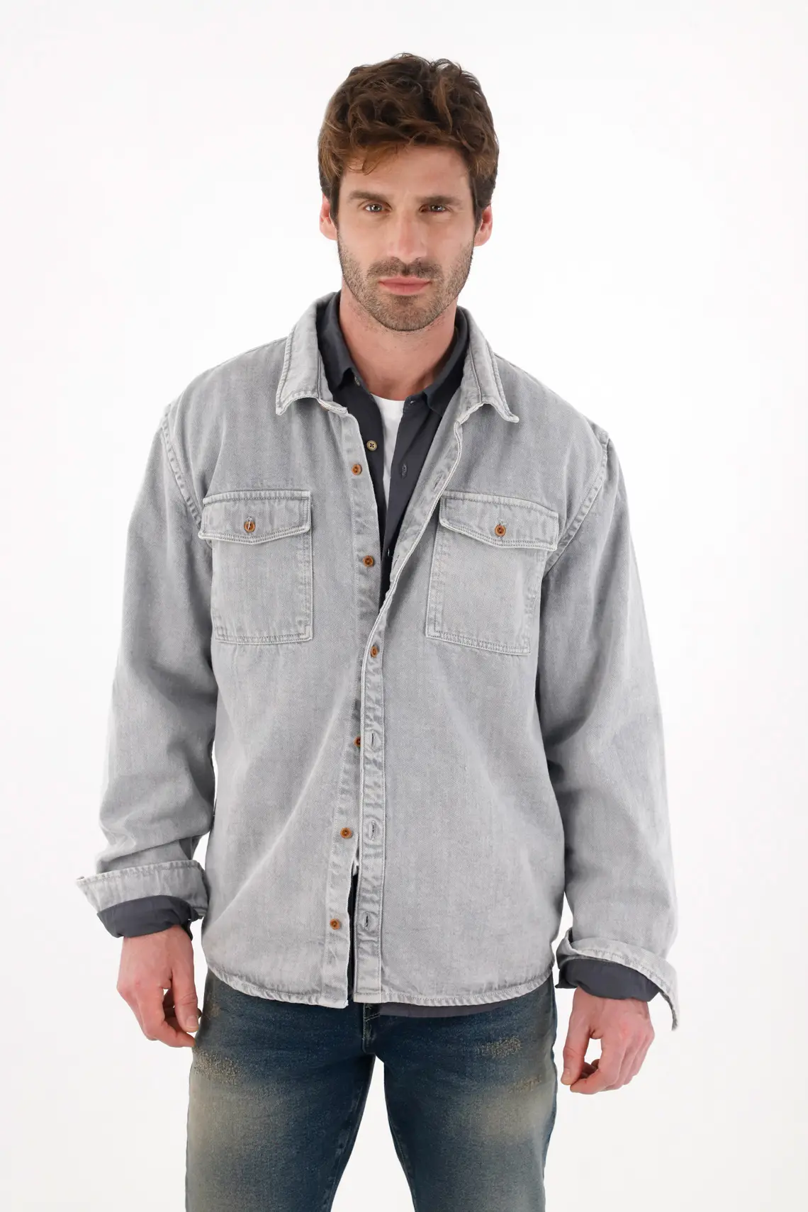 Men's Relaxed Fit Long Sleeve Gray Cotton Shirt with Pockets - Image 4