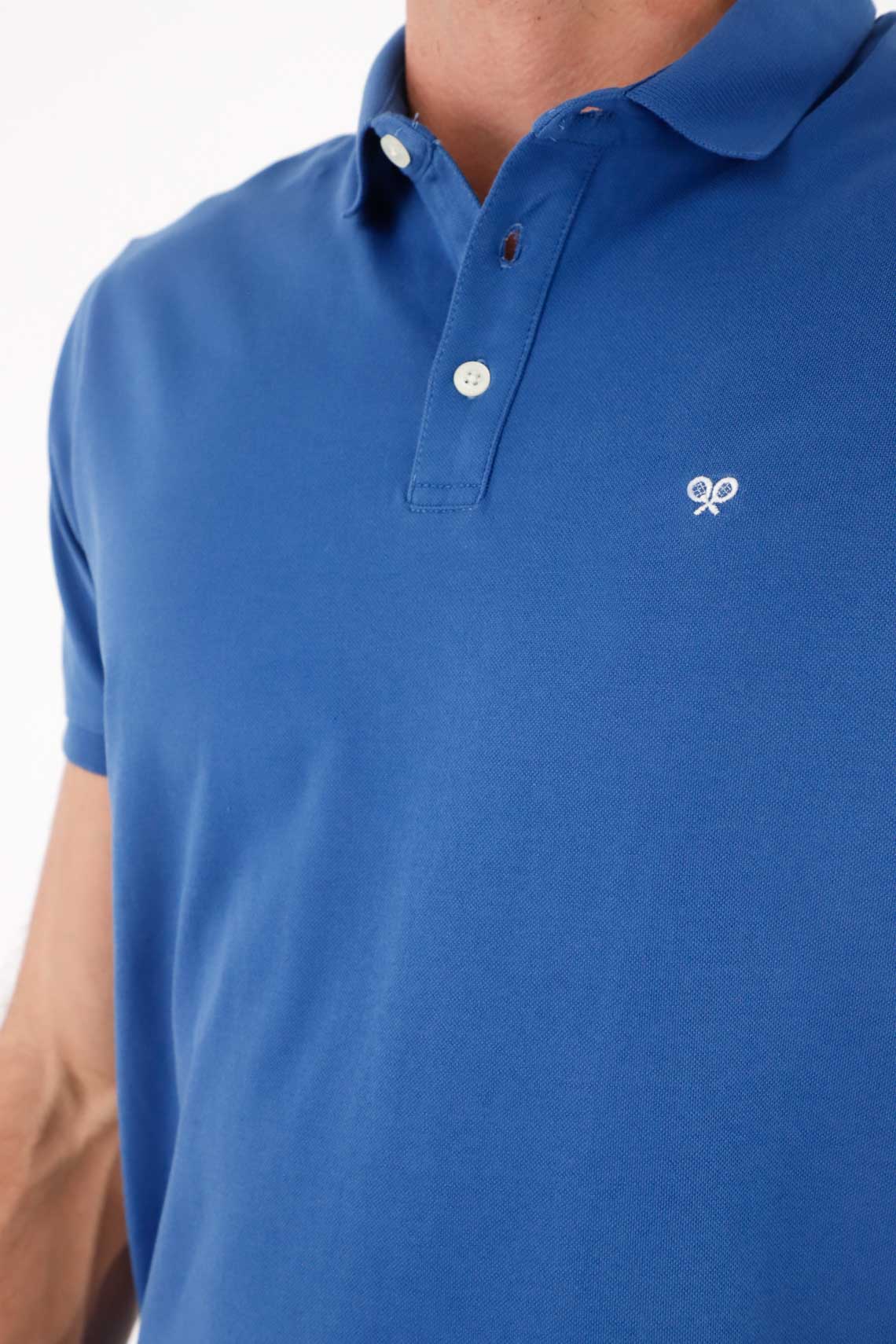 Men's Classic Fit Royal Blue Cotton Polo with Mini Embroidery - Image 2