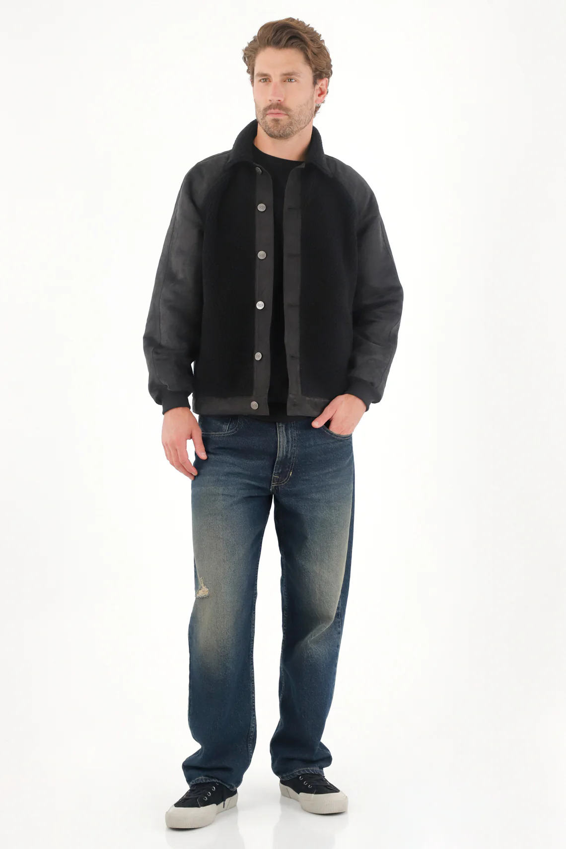Men's Black Suede Bomber Jacket Regular Fit Sherpa - Image 2