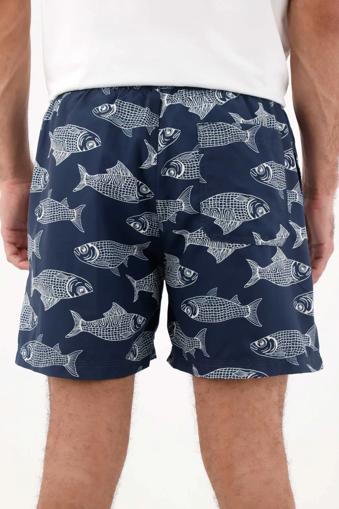 Men's Swim Trunks in Navy Polyester, Straight Cut with Fish Print - Image 5