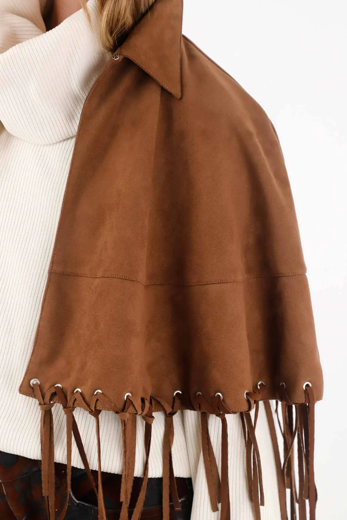 Suede Cape with Brown Fringe for Women - Image 3