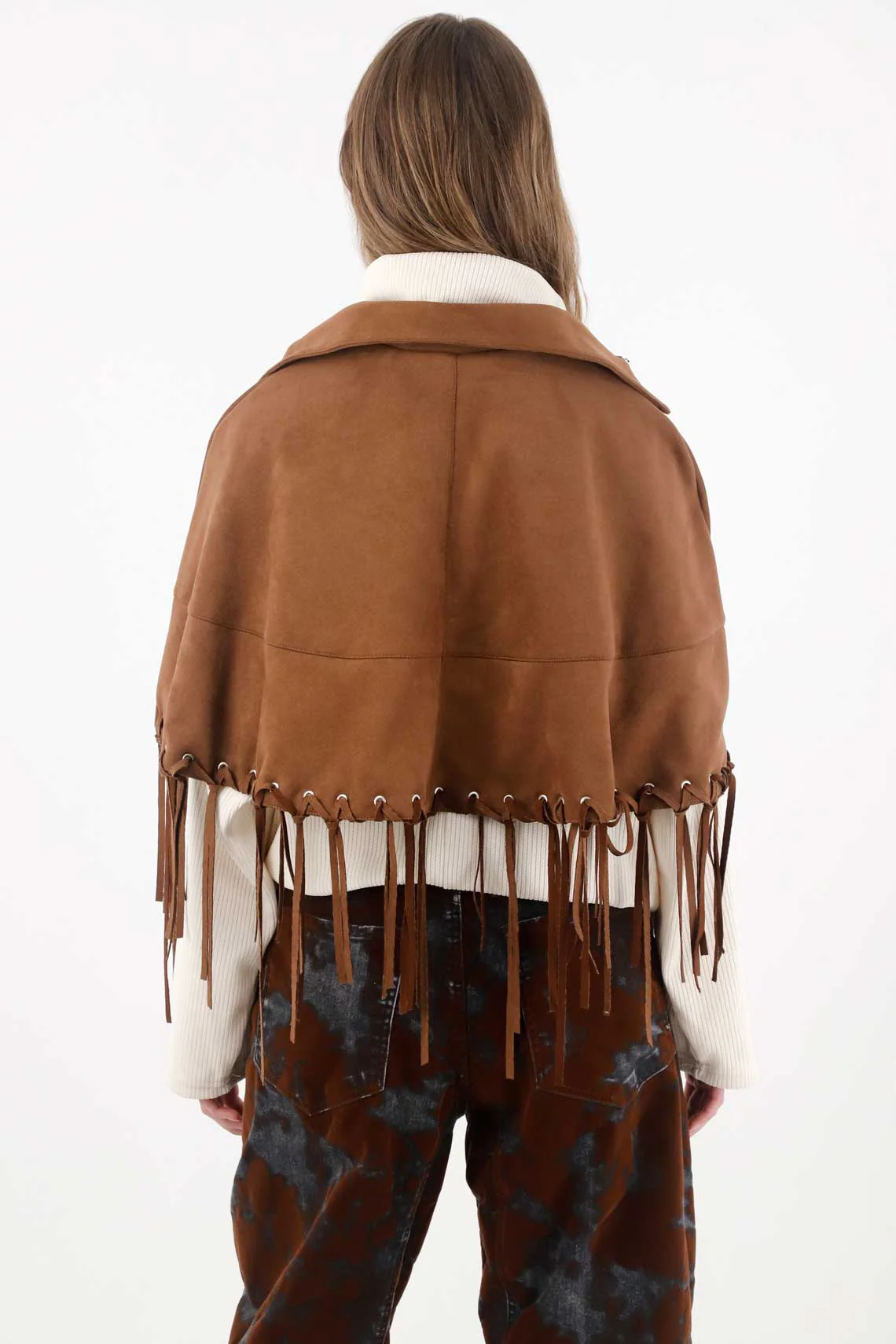 Suede Cape with Brown Fringe for Women - Image 4