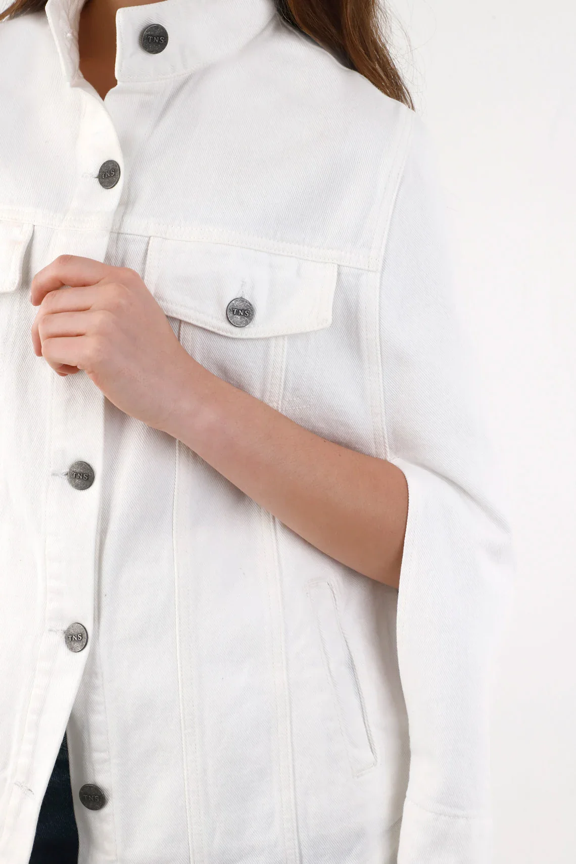 Women's Cotton Cape in White Relaxed Fit with Buttons - Image 3