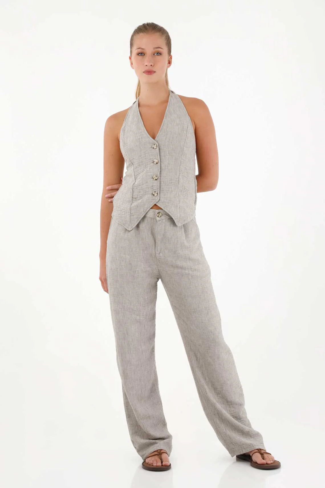 Halter Vest for Women in Gray Polyester with Buttons - Image 2