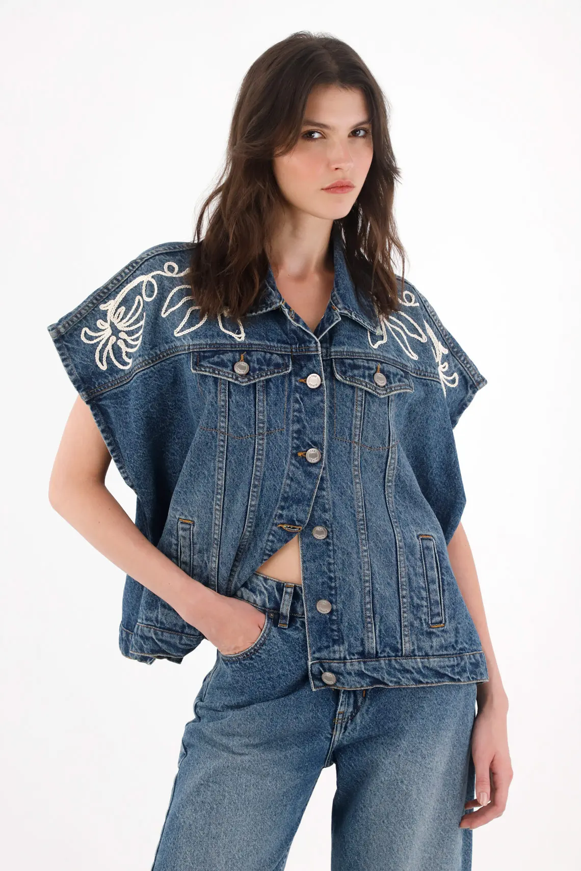 Oversized Vest with Embroidery for Women