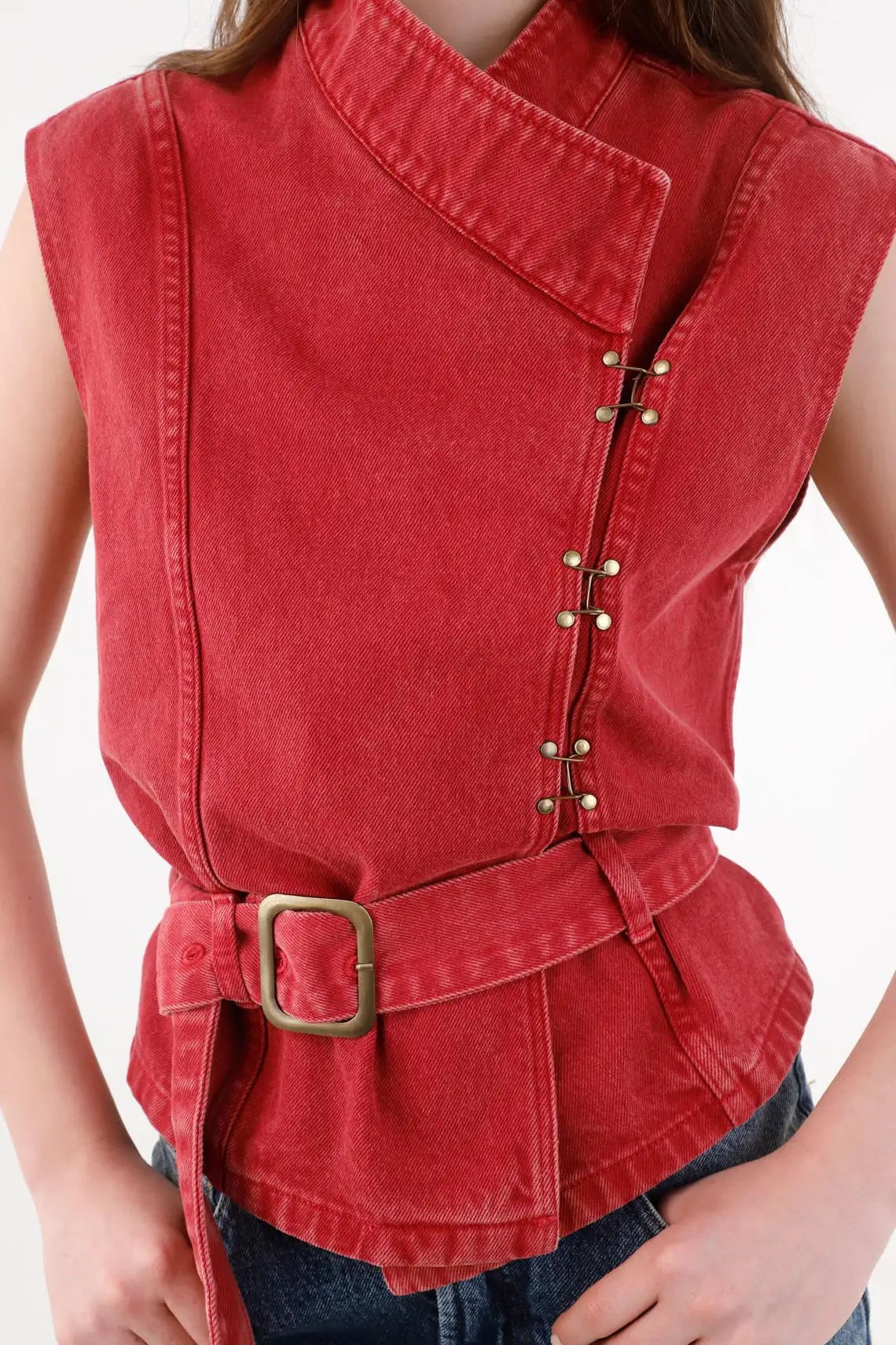Women's Red Cotton Crossed Vest with Belt - Image 3