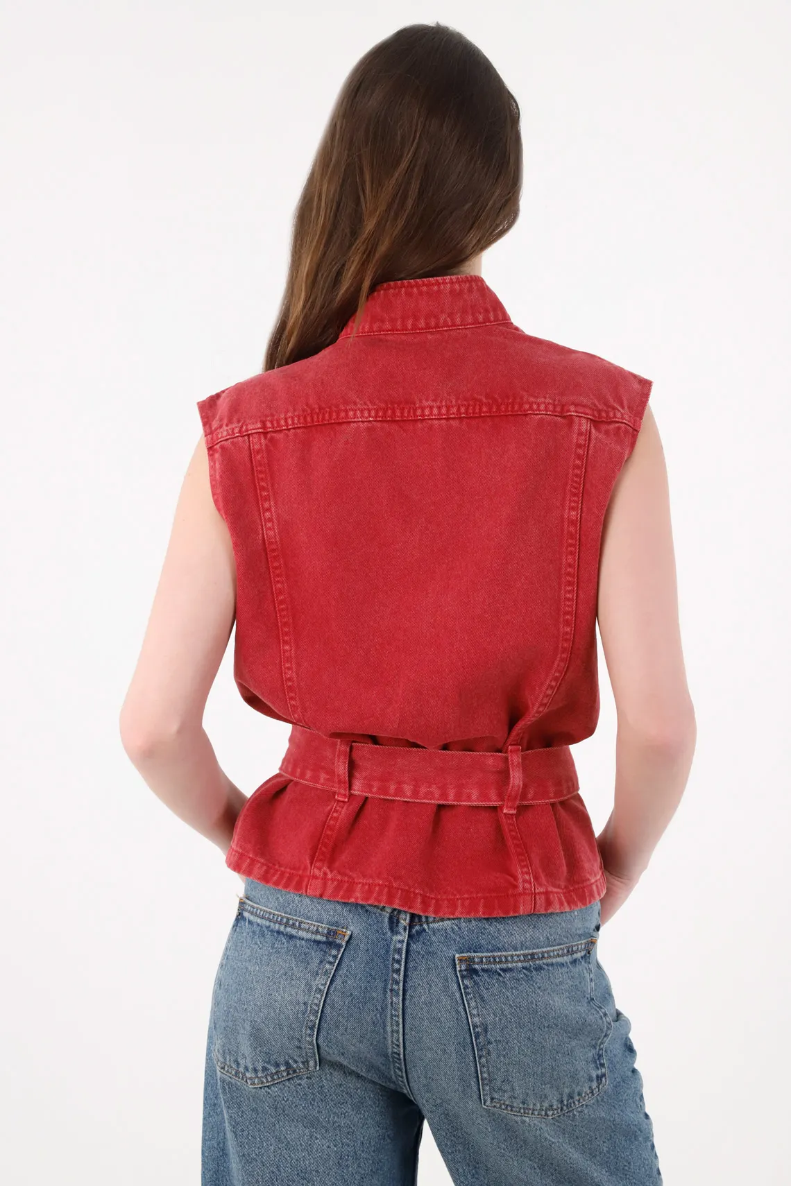 Women's Red Cotton Crossed Vest with Belt - Image 4