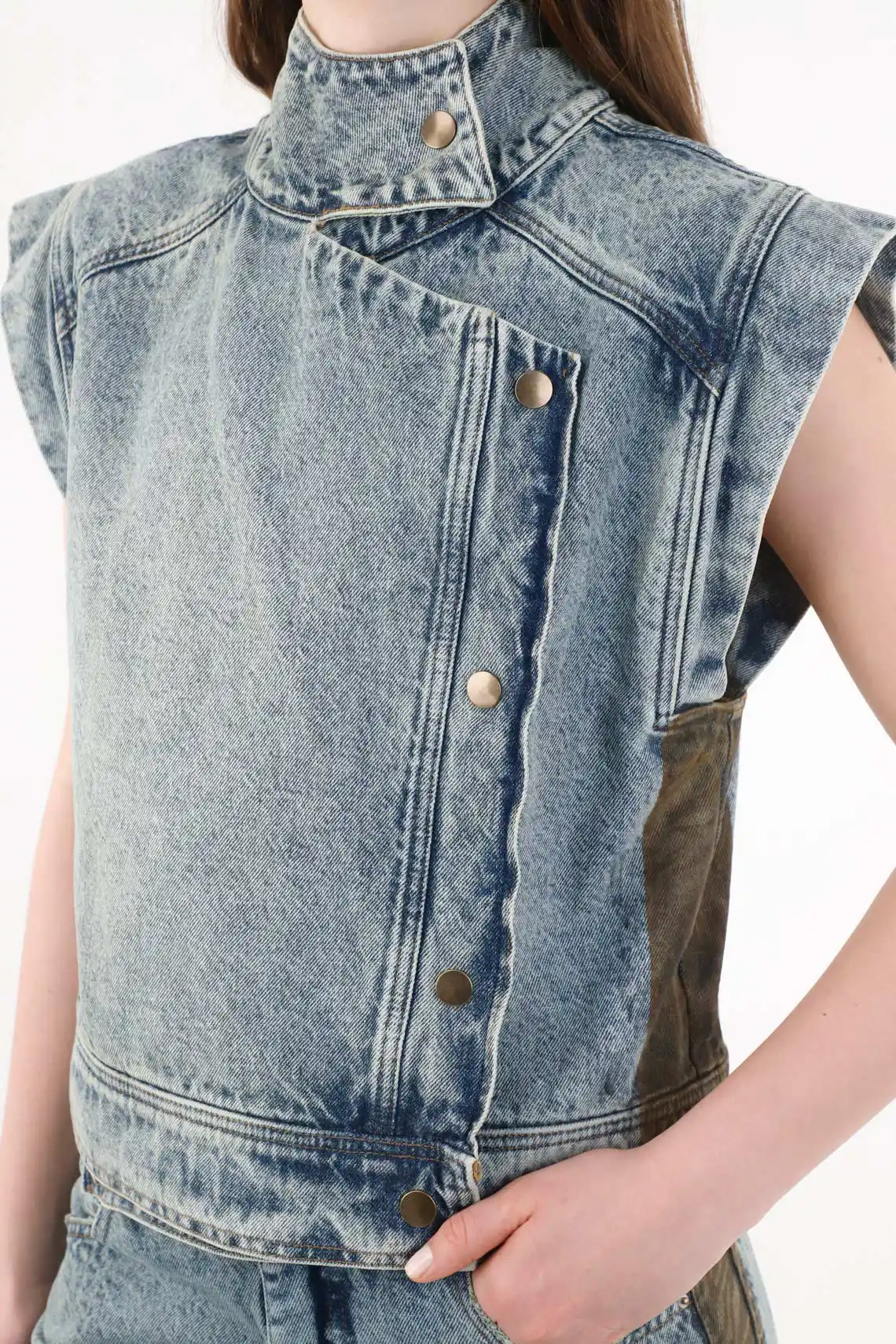 Vest for Women Cotton Blue Wash Straight Fit Side Closure - Image 3