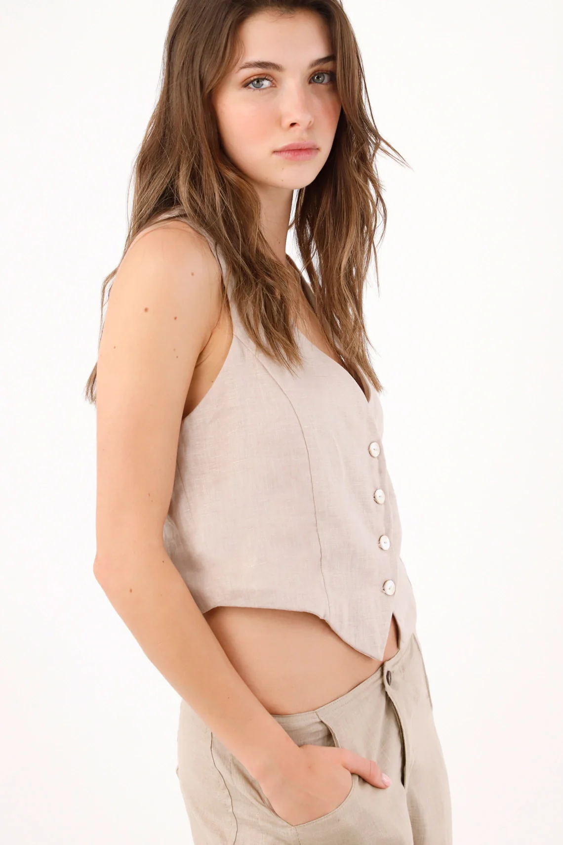 Sand Fitted Linen Vest for Women with Double Peak Hem - Image 2