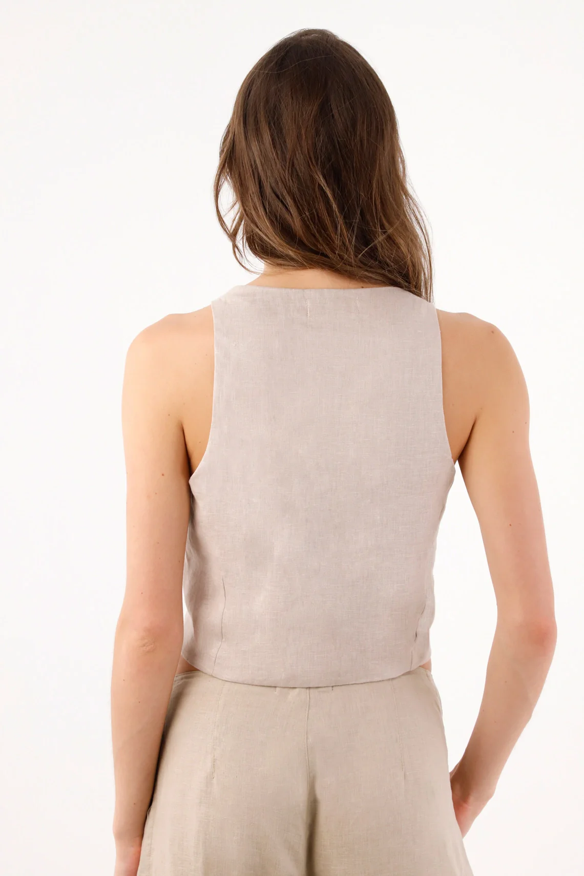 Sand Fitted Linen Vest for Women with Double Peak Hem - Image 4