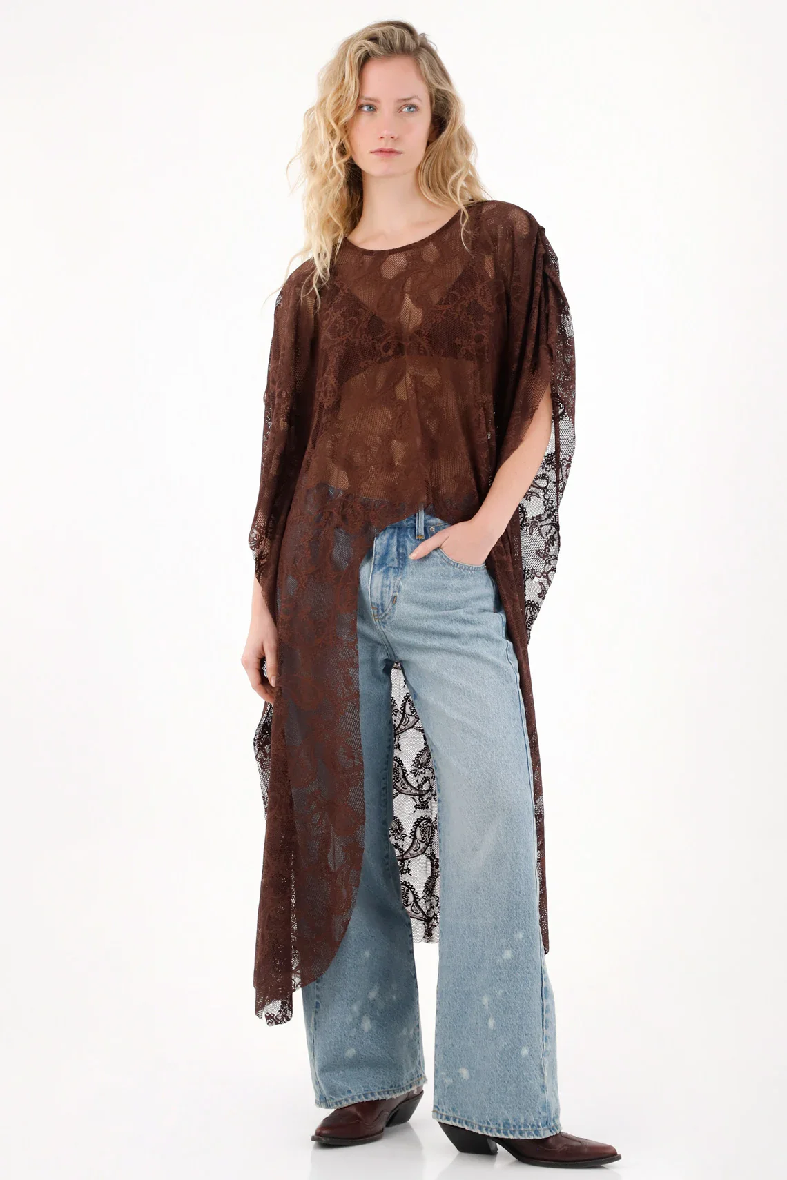 Long Coffee Lace Cape for Women