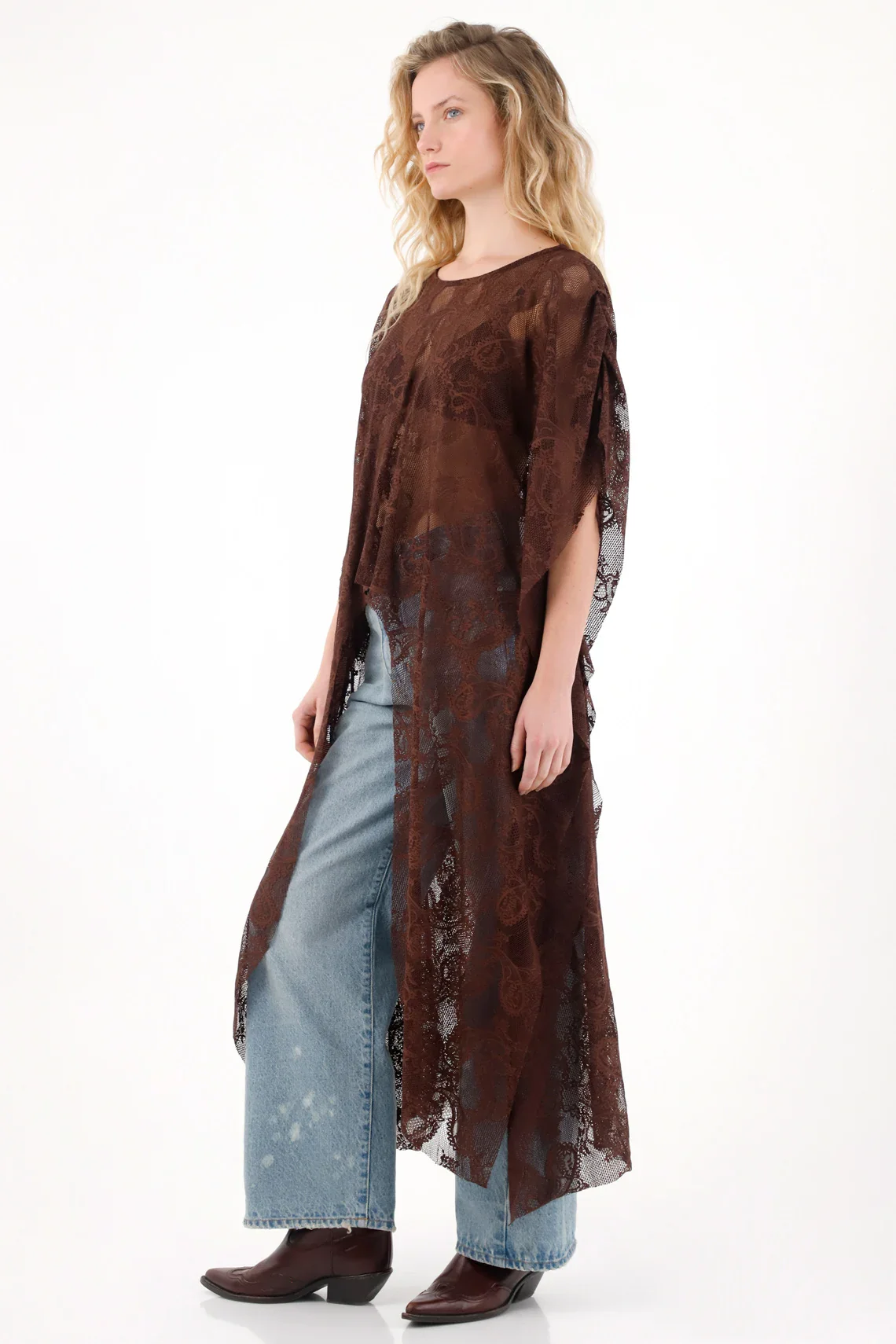 Long Coffee Lace Cape for Women - Image 2