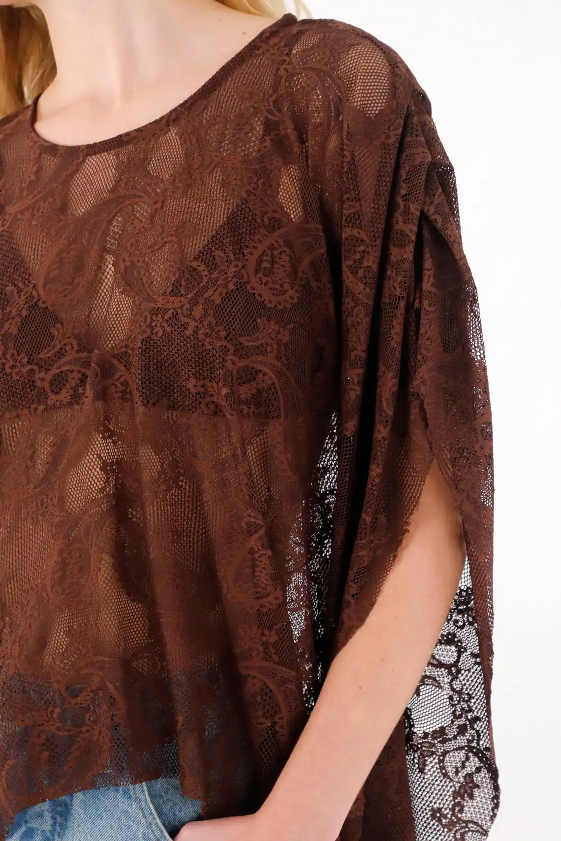 Long Coffee Lace Cape for Women - Image 3