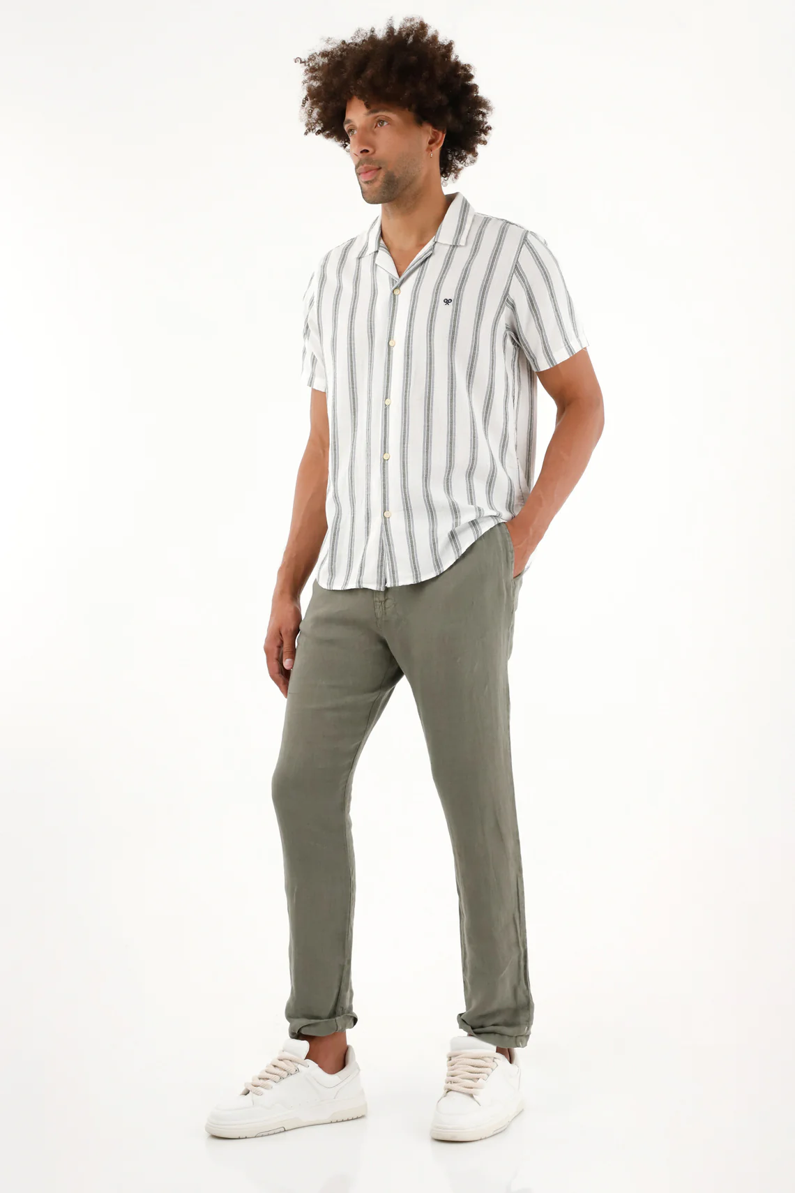Men's 100% Linen Chino Pants – Olive Green - Image 2