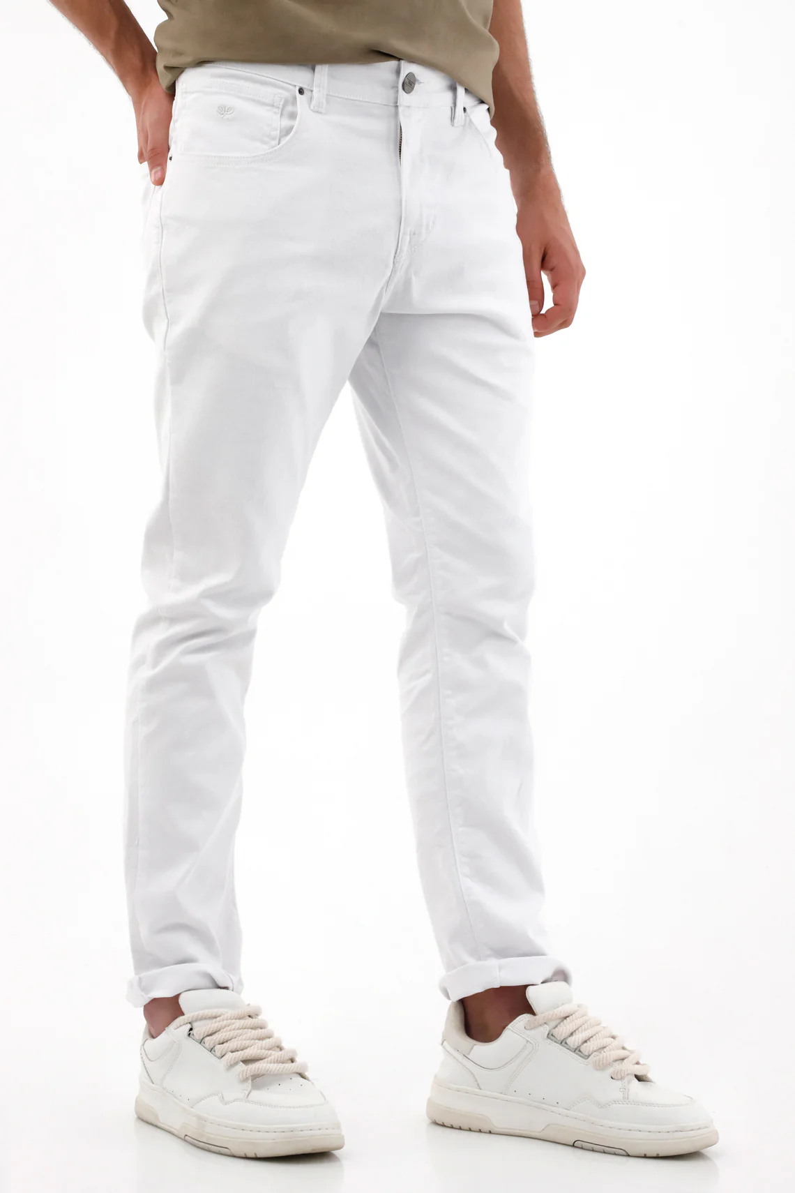 White Straight Leg Five Pocket Pants for Men