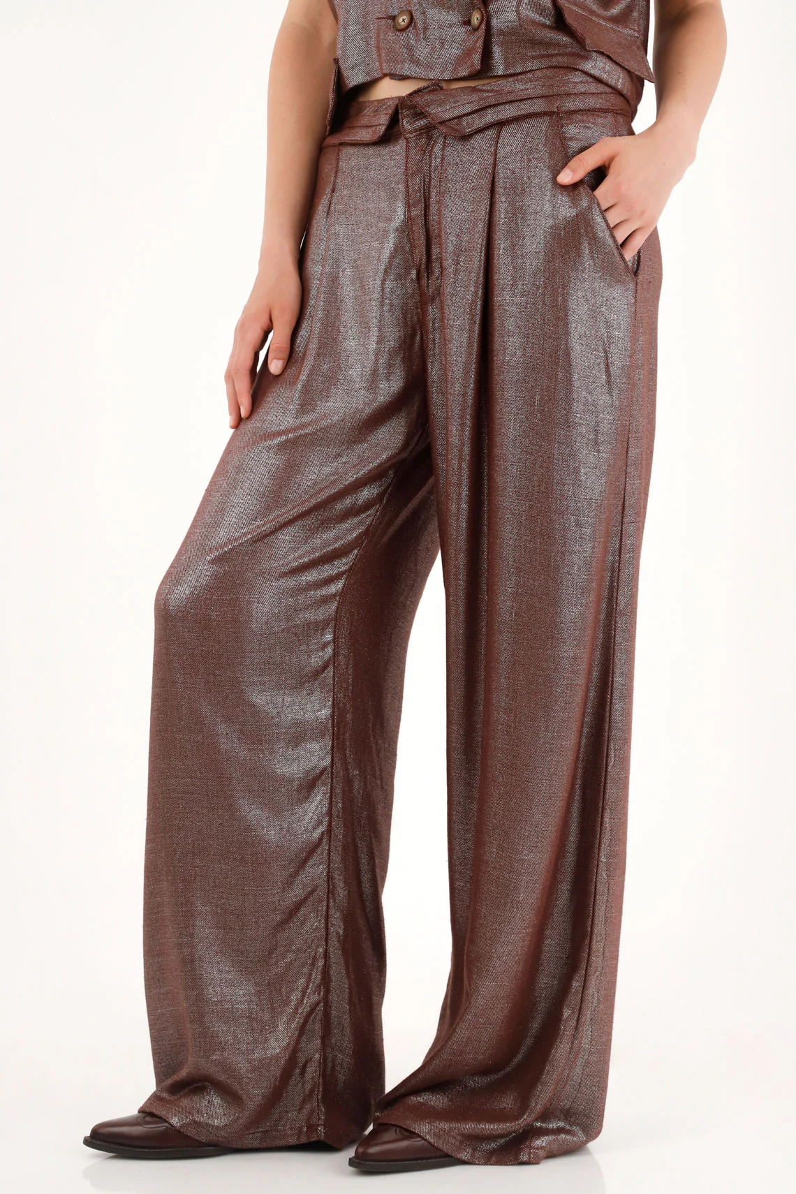 Metallic Effect Wide Leg Pants for Women