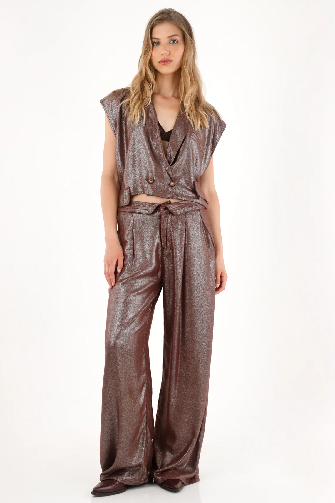 Metallic Effect Wide Leg Pants for Women - Image 2