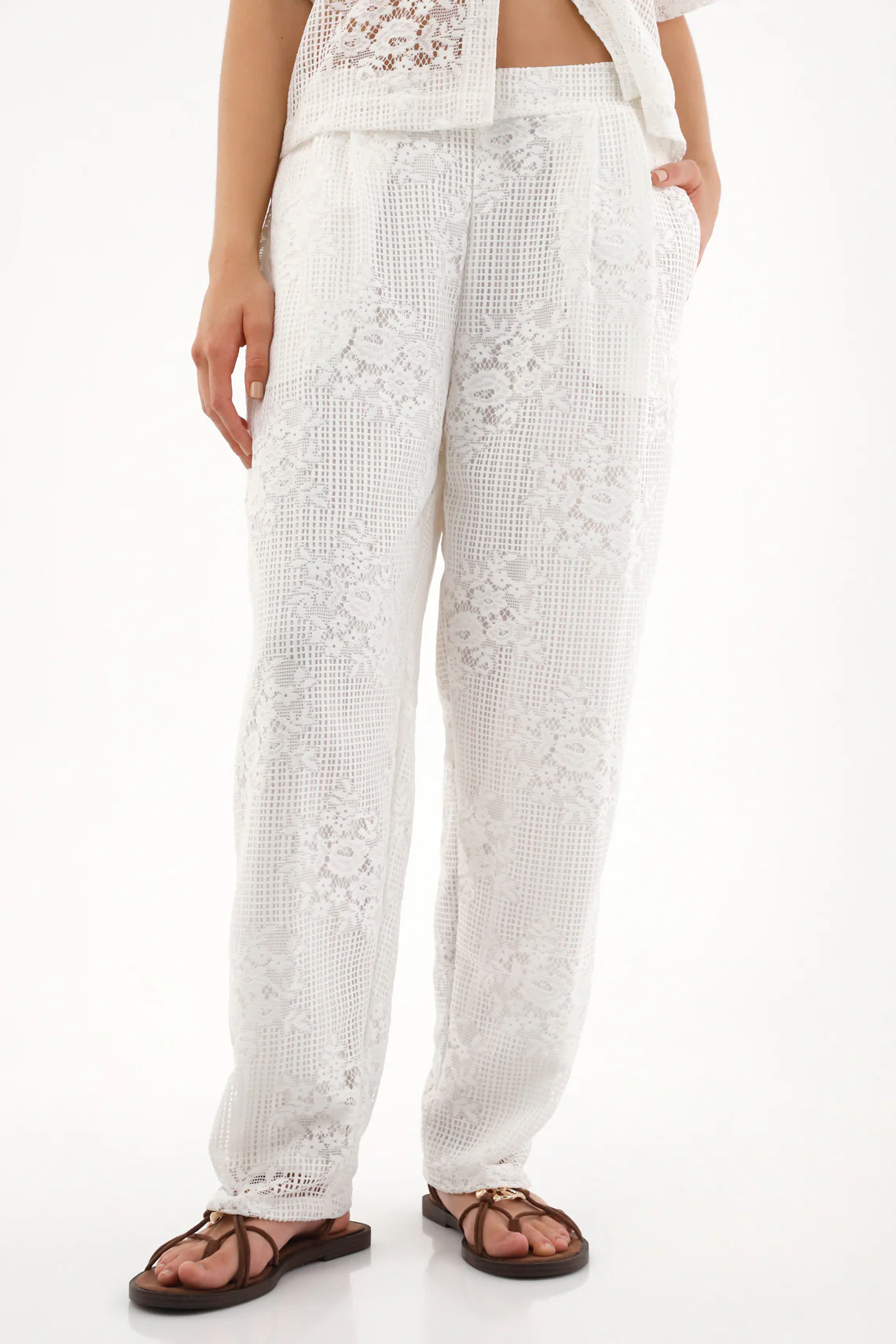 Women's Cream Embroidered Straight Pants - Image 2