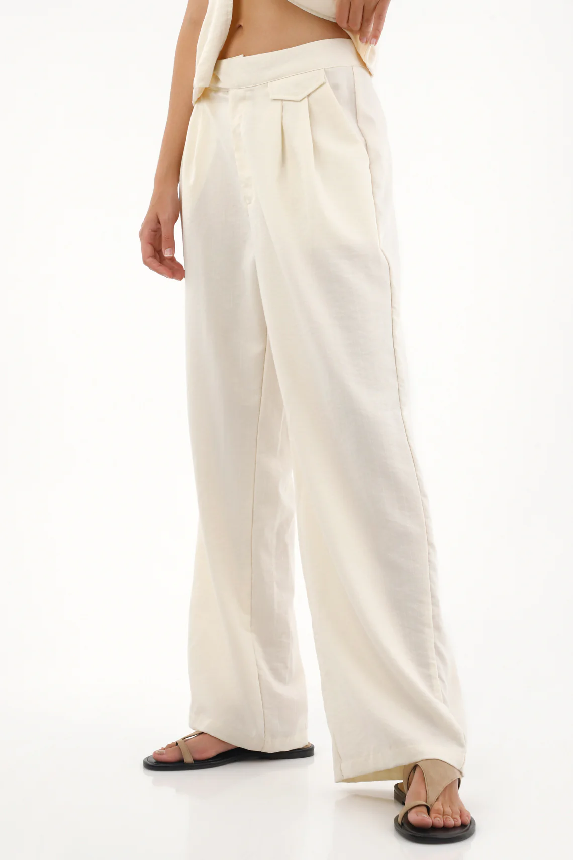 Women's Beige Straight Leg Trousers with Decorative Flap