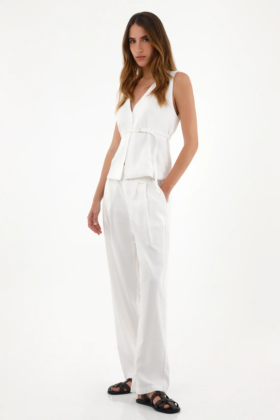 Women's Cream Straight Pants with Decorative Flap