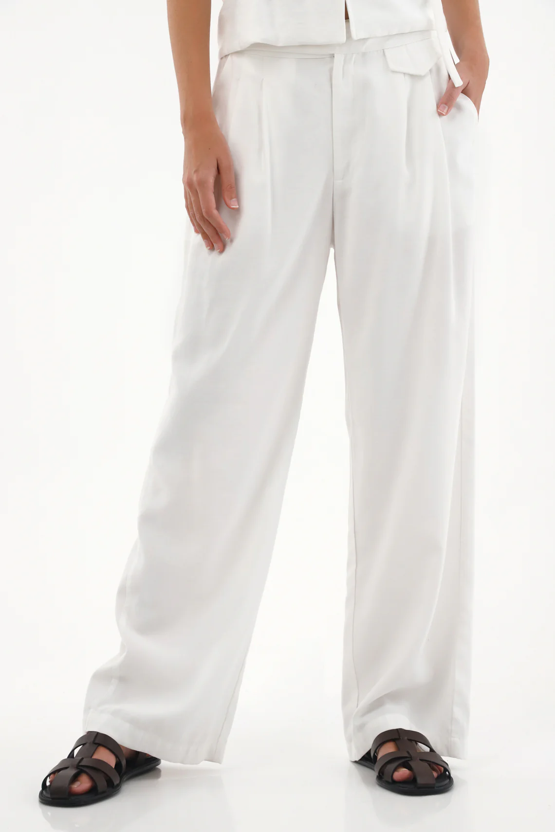 Women's Cream Straight Pants with Decorative Flap - Image 2