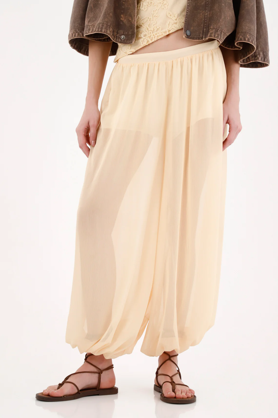 Women's Wide-Leg Pants with Inner Shorts in Cream - Image 2