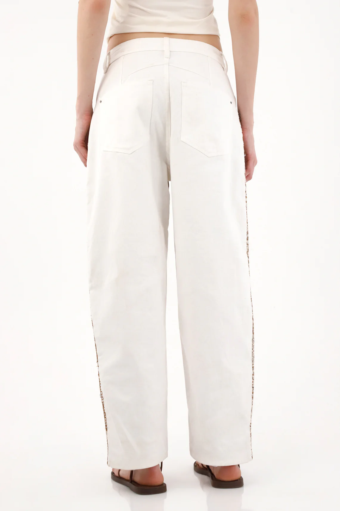 Women's Horseshoe Pants with Layered Embroidered Fabric in Cream - Image 5