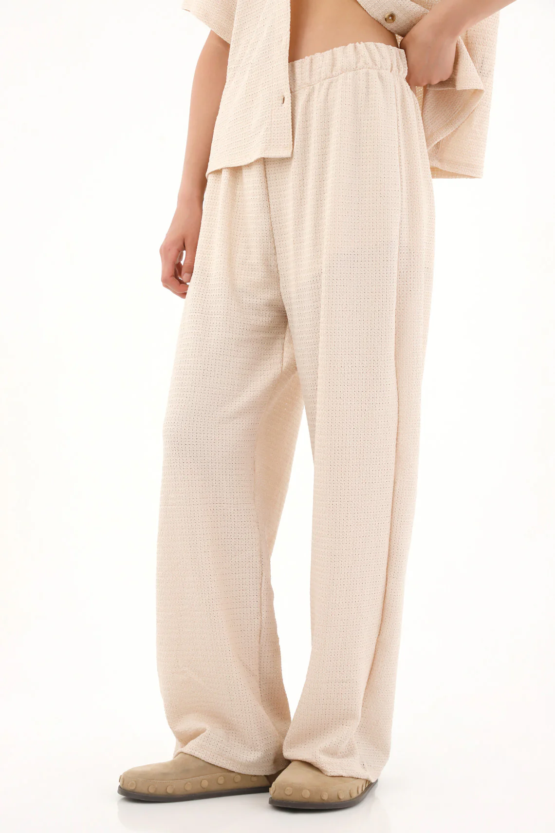 Women's Cream Straight Leg Pants in Knit Fabric - Image 2