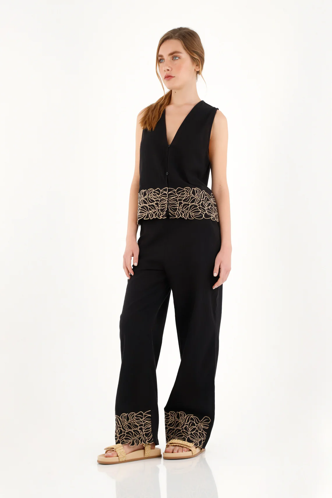 Women's Black Straight Pants with Elastic Waistband - Image 2