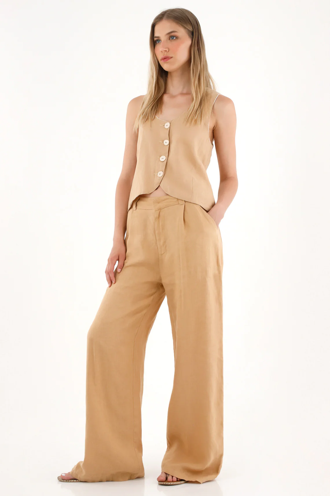 Women's High-Waisted Wide Leg Pants in 100% Linen - Brown