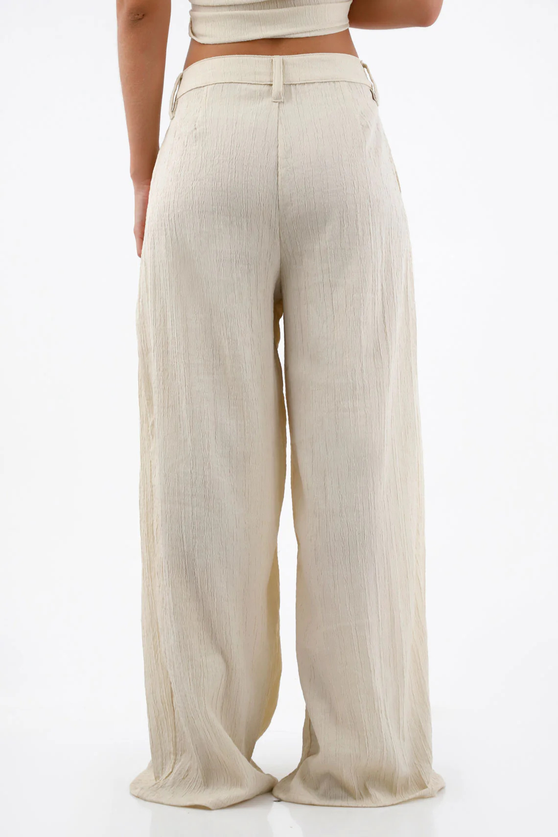 Beige Wide Leg Polyester Pants for Women with Crinkled Texture - Image 5