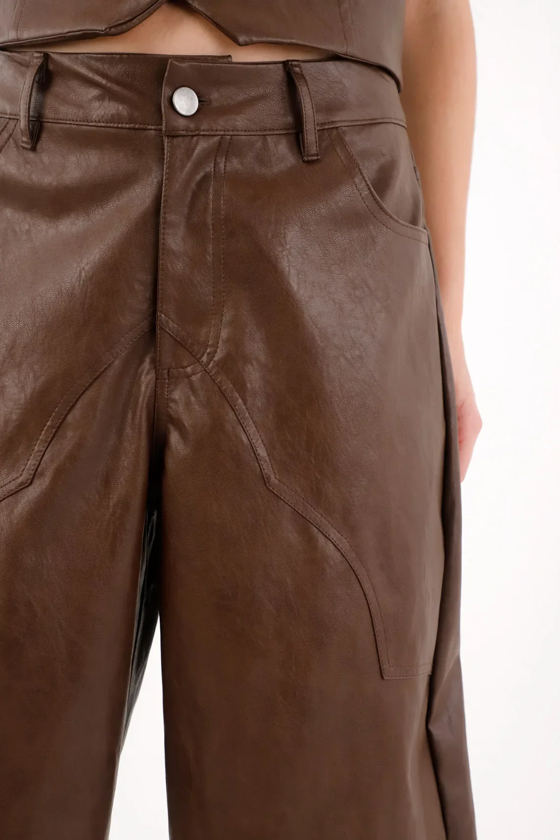 Brown Leather-Look Cowboy Pants for Women - Image 3