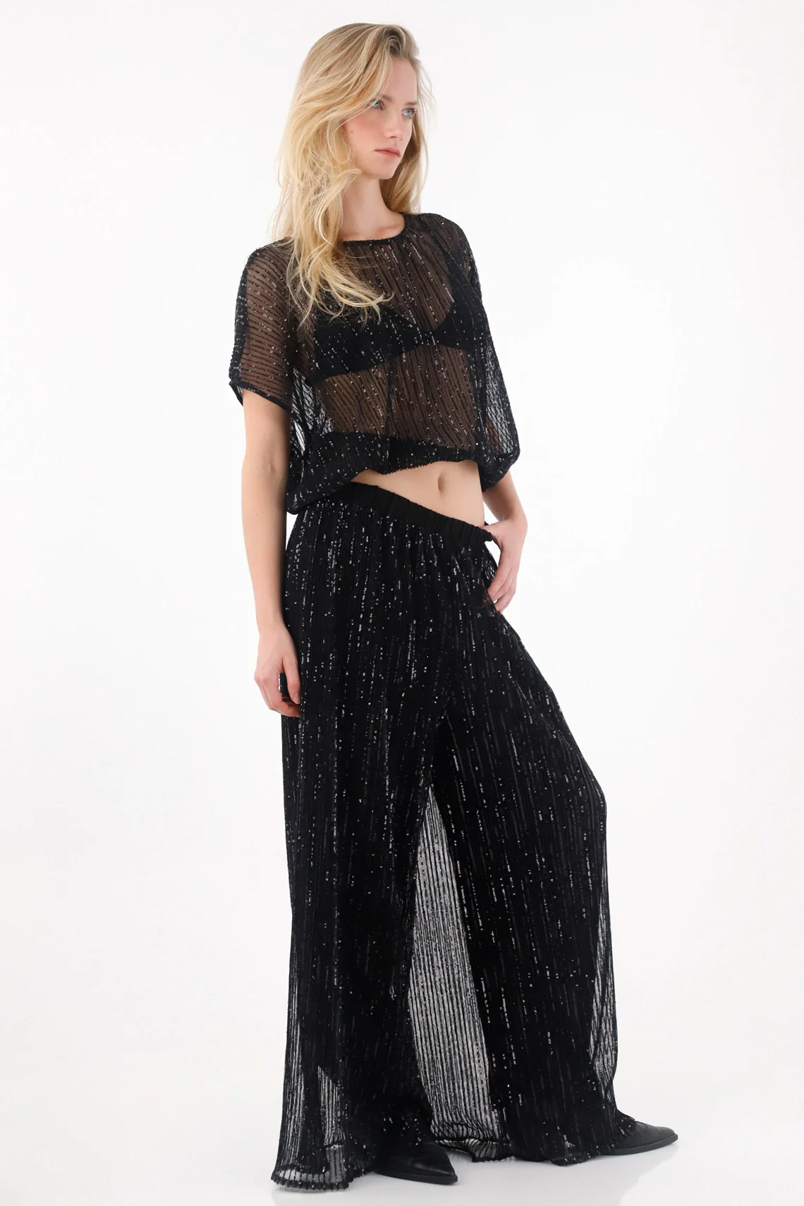 Black Sequined Wide Leg Pants for Women - Image 2